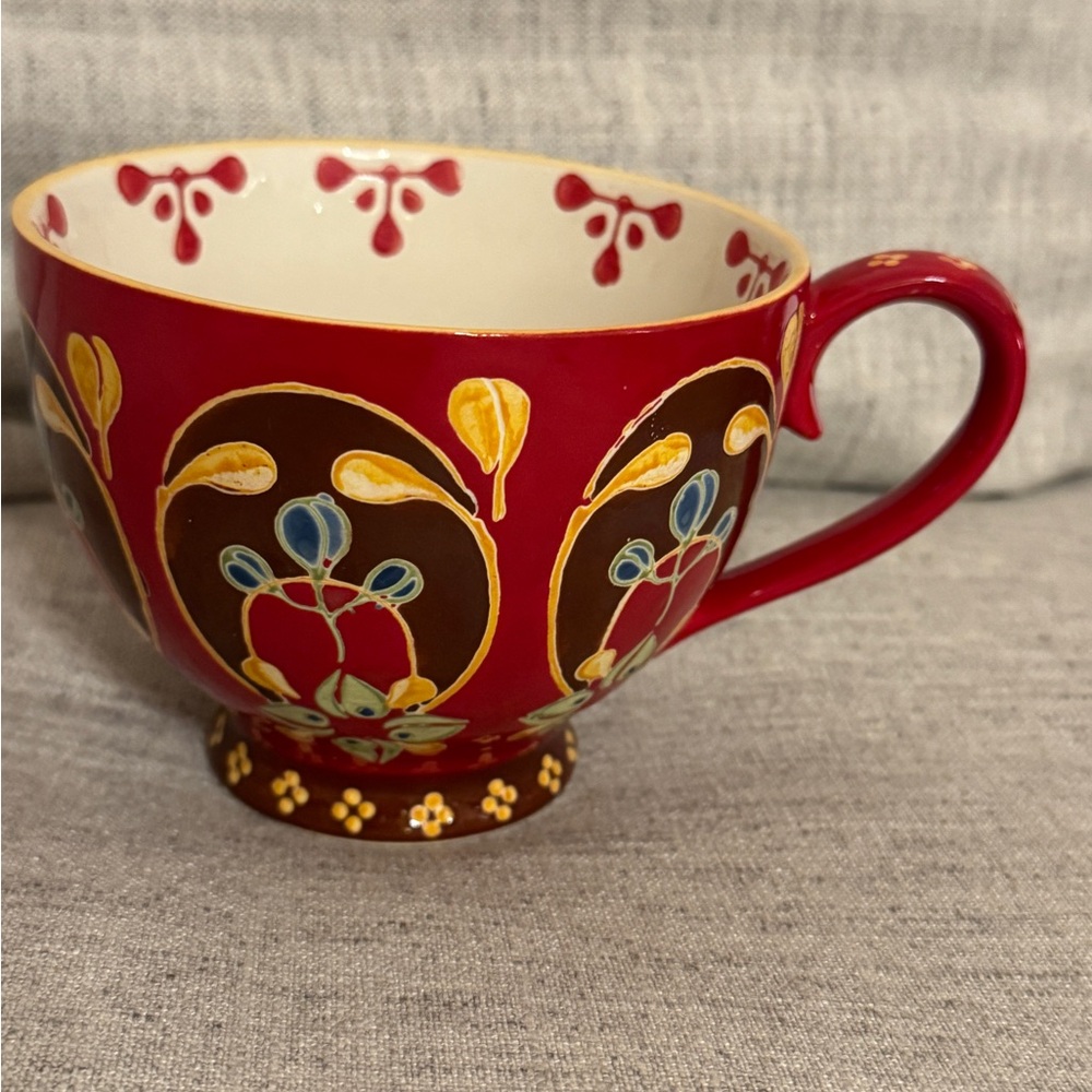 Dutch wax coastal imports handpainted red floral coffee mug footed embossed